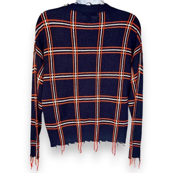 Scripted Ethan Windowpane Plaid Navy Orange Sweater distressed fringe - Picture 5 of 10